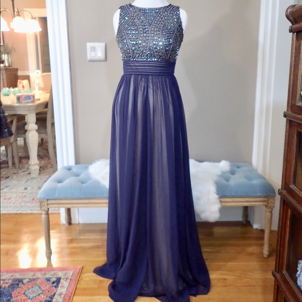 JC COLLECTIONS Beaded Gown in Navy Blue